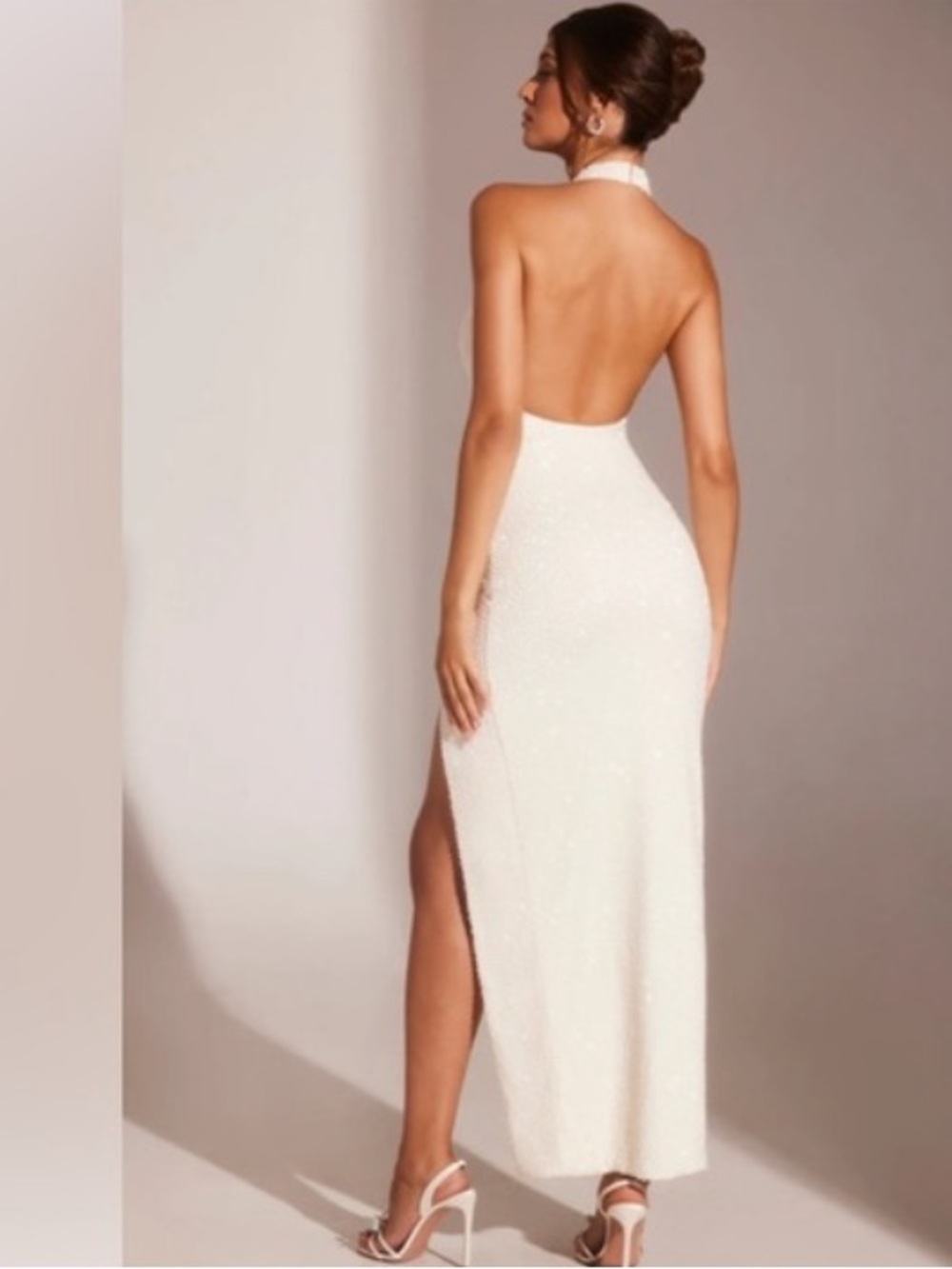 Oh Polly Cream Halter Maxi Dress with High Side Slit - Picture 2 of 5
